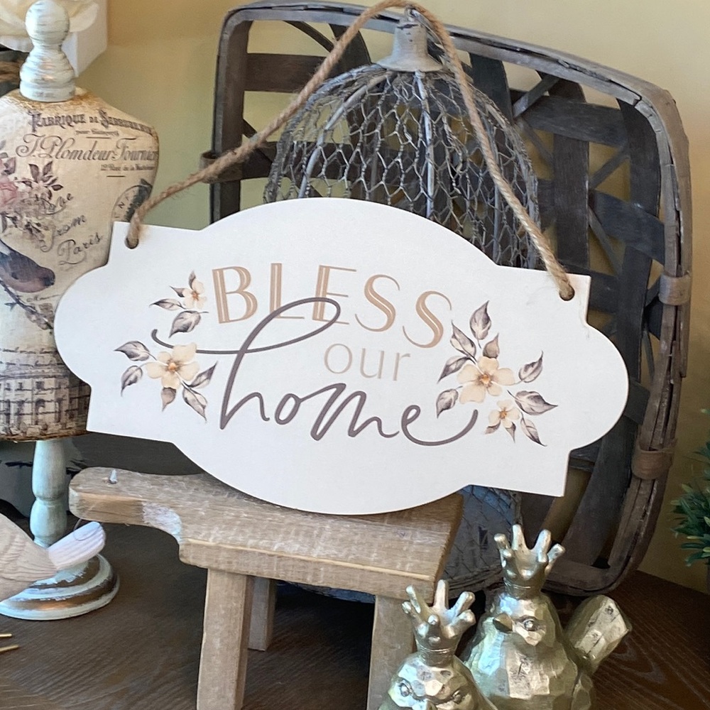 Shabby Chic Cottage Farmhouse Whitewashed Solid Wood Bless Our Home Floral Sign